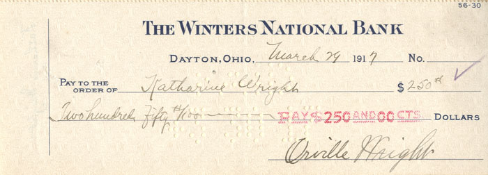 Orville Wright signed Check 